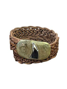 Chicos Brown Genuine Leather Woven Belt Shark Tooth Ornate Brass Buckle Size M/L